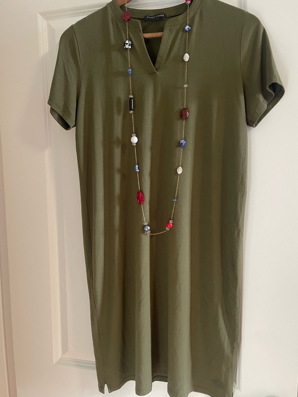 EILEEN FISHER Olive Green V-Notch Pullover Top